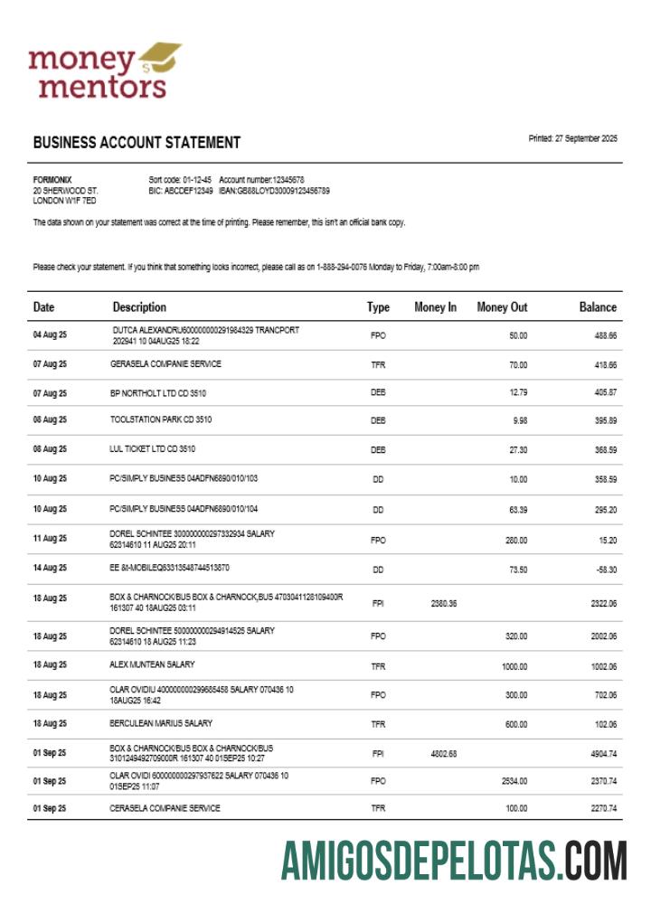Em branco Money Mentors Company Extrato de conta corrente modelo Word e PDF (1)